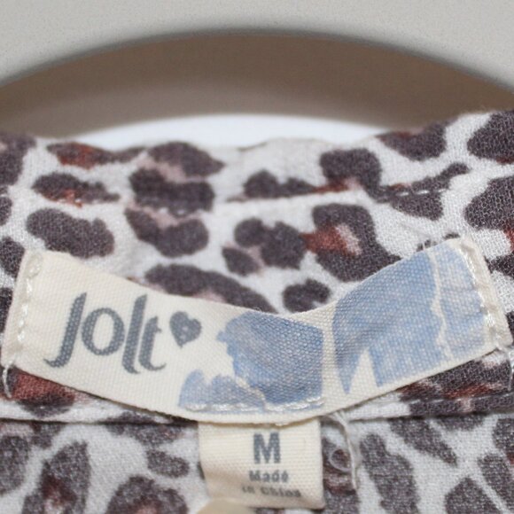 Jolt brown white leopard print short-sleeved collared v-neck button-up blouse M - Picture 6 of 8